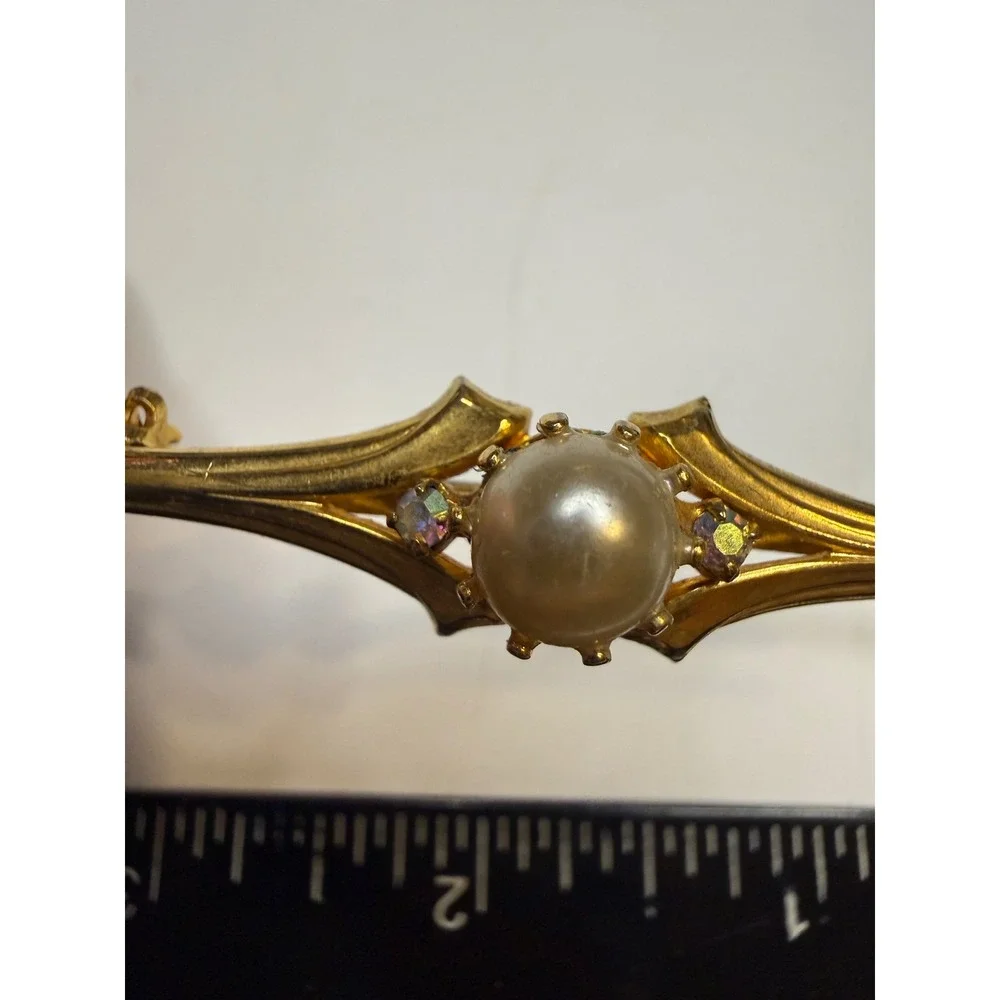 Vintage Made in Austria Gold Tone Faux Pearl Aurora Borealis  Bar Brooch